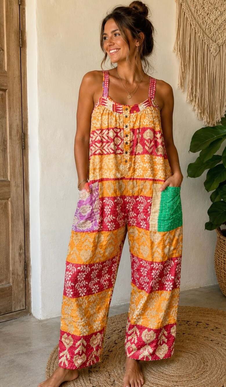 Jaded Gypsy Kantha Quilted Patchwork Jumpsuit Overalls Free Size